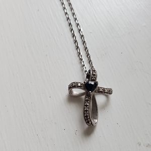 Silver Cross Necklace with heart shaped Sapphire jewel